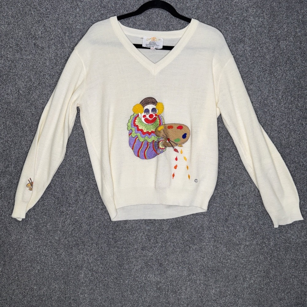 Vtg 80s Cyn Les Shirlee Designs Clowncore Artist Sweater Cream Off White 42